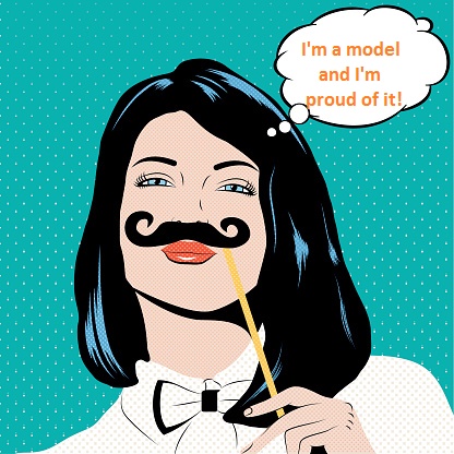 Pop art illustration with girl holding mustache.